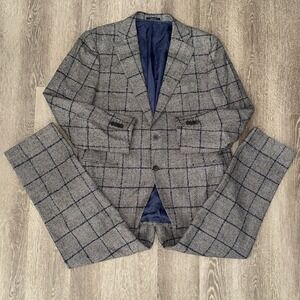 Suitsupply Angelico Wool Glen Plaid Suit Men's 46R Beige Blue 38x30 Windowpane